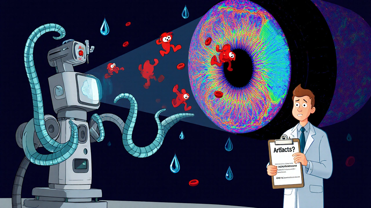 Machine OCTA en forme de robot projetant une carte colorée des capillaires rétiniens avec des globules rouges en personnages.