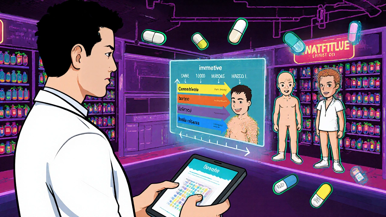 Médecin futuriste montrant un calendrier personnalisé des effets secondaires sur un patient dont le corps se transforme en versions cartoon.