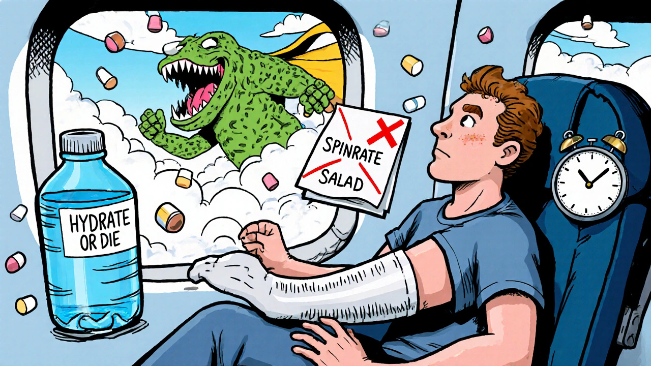 Passager en avion faisant des exercices aux chevilles avec des chaussettes de compression et un menu interdit de épinards.