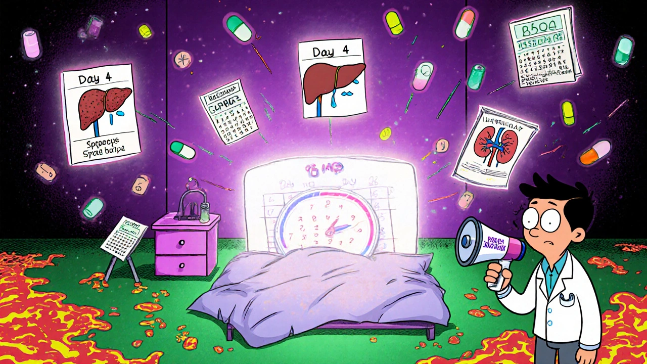 Patient endormi avec un calendrier géant affichant Jour 4 à Jour 28, des symptômes cartoon et des pilules géantes tombant du plafond.