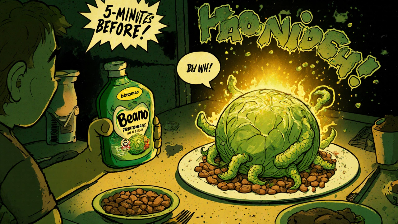 Personne prenant Beano avant un repas de légumineuses, monstre microbiome en arrière-plan.