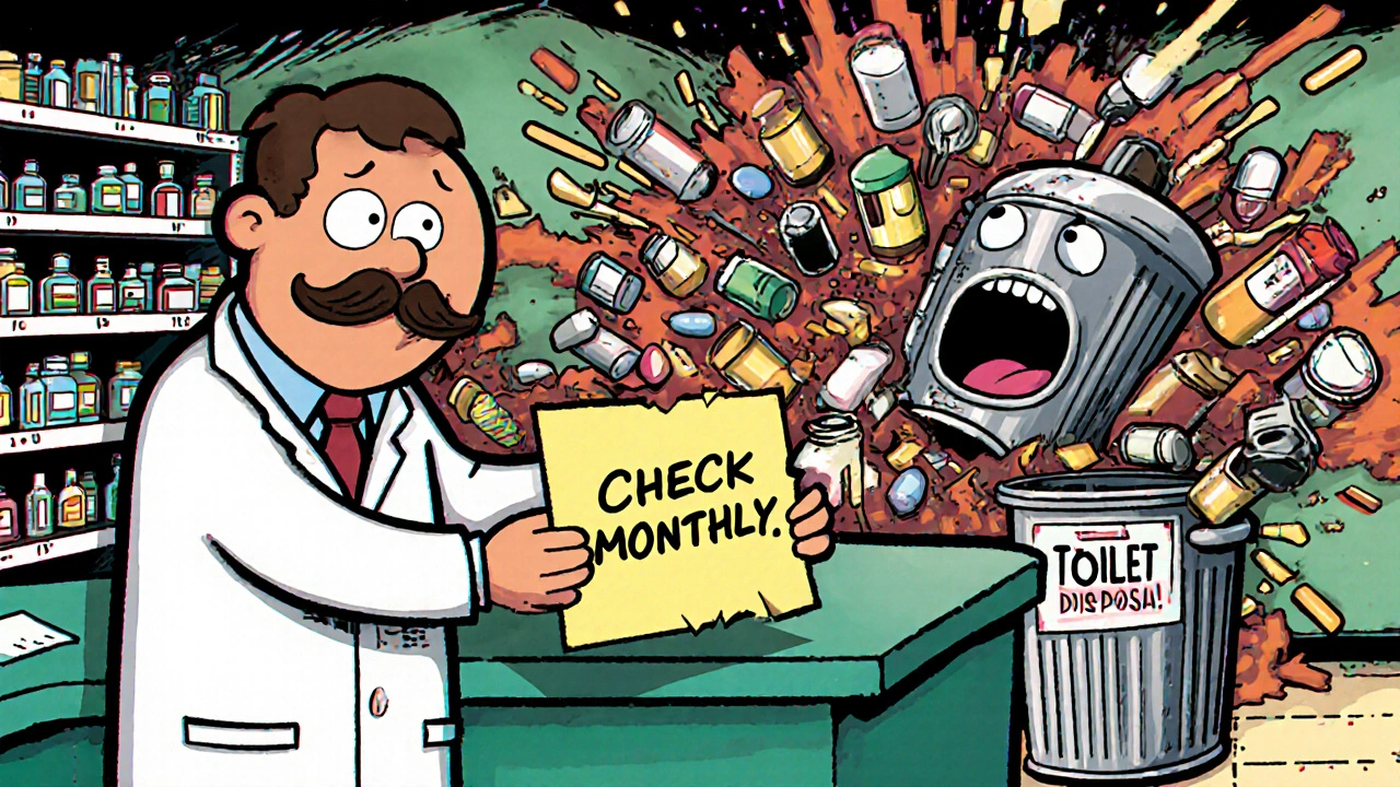 Pharmacien parlant à un client avec un grand rappel collant, des médicaments explosent en arrière-plan.