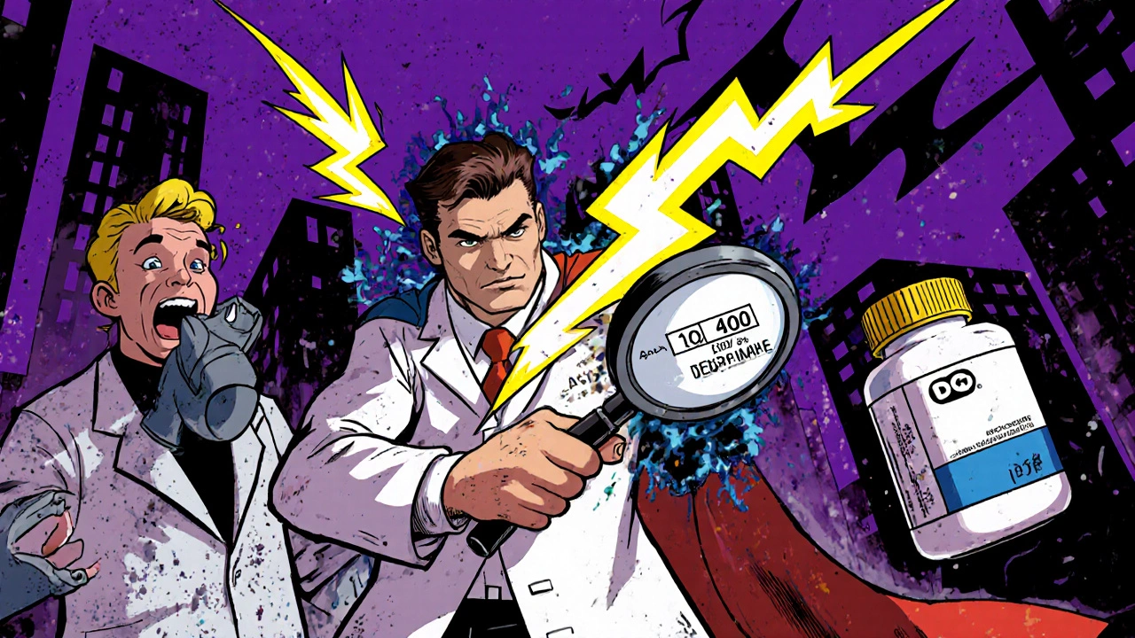 Superhéros vérifiant une stylo à insuline avec une date de péremption qui décharge de la foudre.