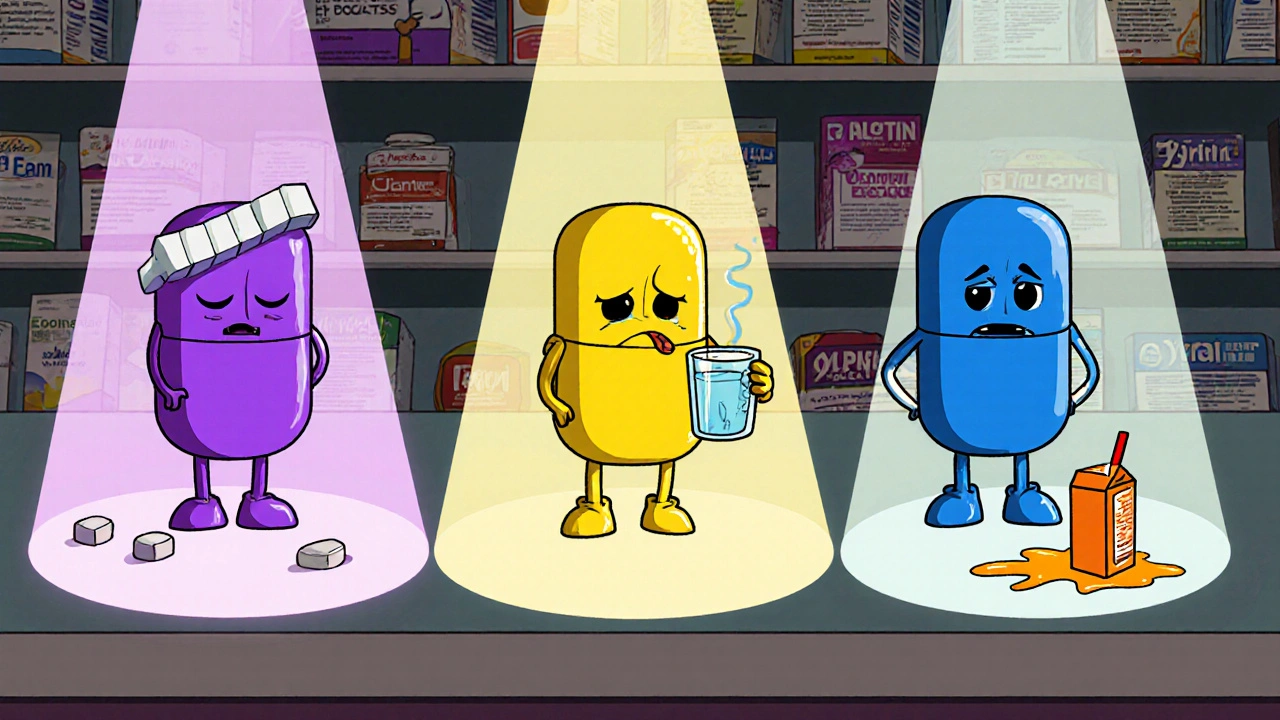 Trois pilules anthropomorphisées sur une étagère, chacune représentant un antihistaminique non somnolent.