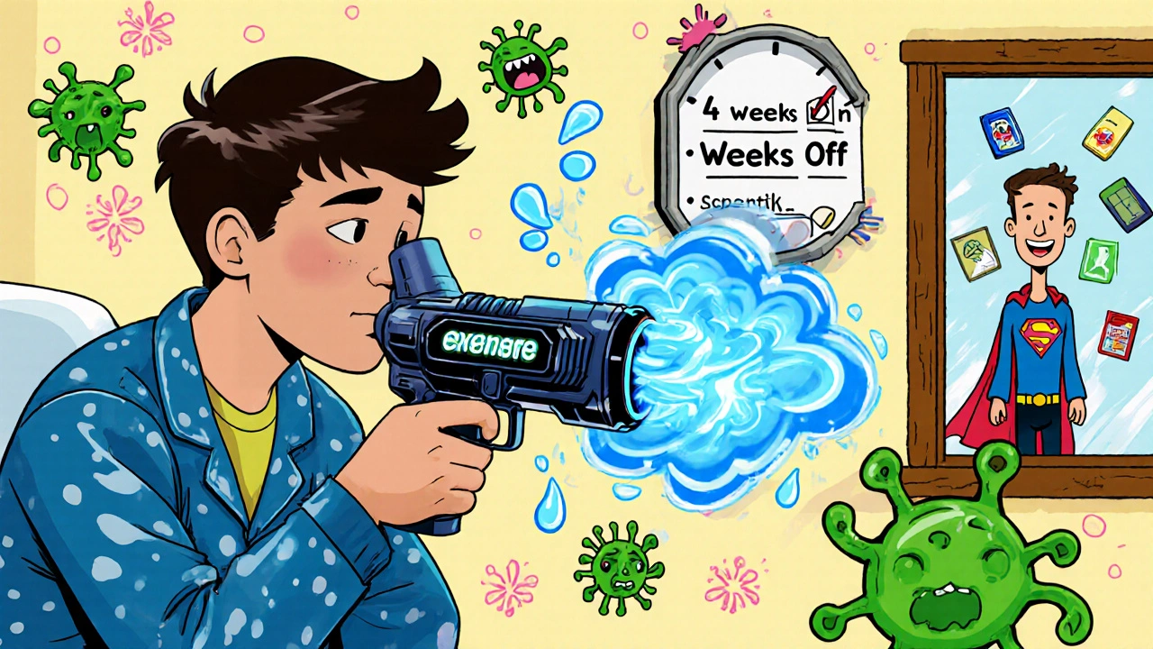 Un adolescent inhalant une brume lumineuse avec un nébuliseur futuriste, des bactéries en train d&#039;exploser autour de lui.