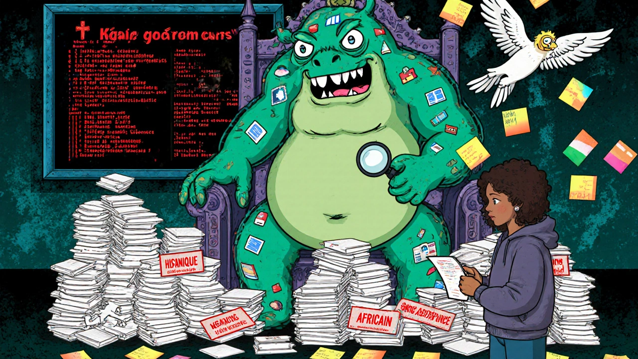 Un monstre algorithmique qui mange uniquement les dossiers des patients blancs, tandis que des bénévoles aident un patient à lire une ordonnance.