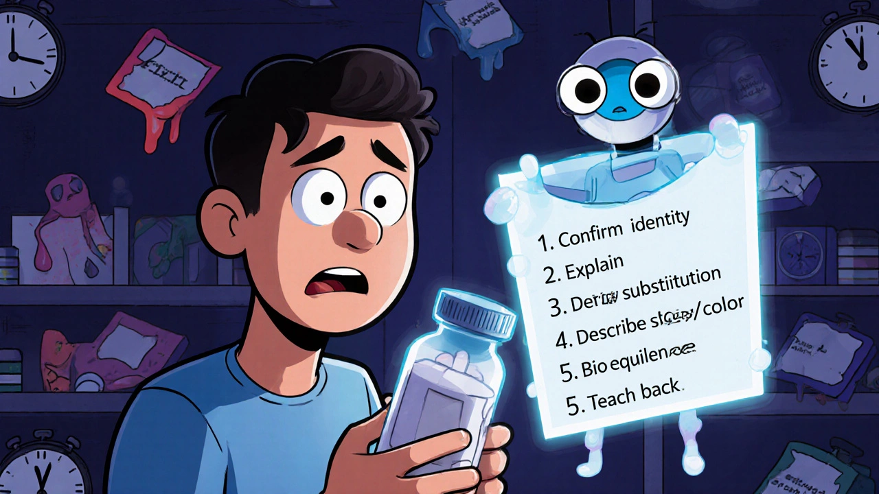 Un patient avec une liste flottante d&#039;étapes pour comprendre les médicaments génériques, aidé par un assistant IA.