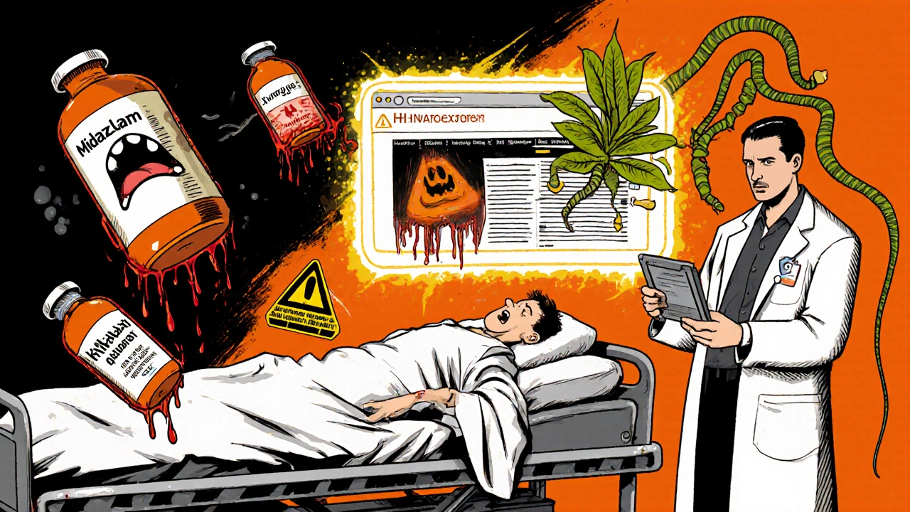 Un patient inconscient en urgence entouré de médicaments anthropomorphisés en pleine interaction dangereuse.