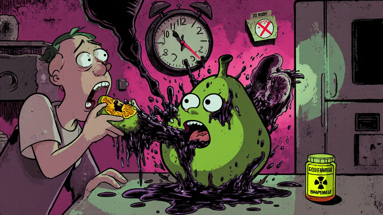 Un patient mord dans un pamplemousse qui crache un liquide toxique, inondant une cuisine avec des organes en danger.