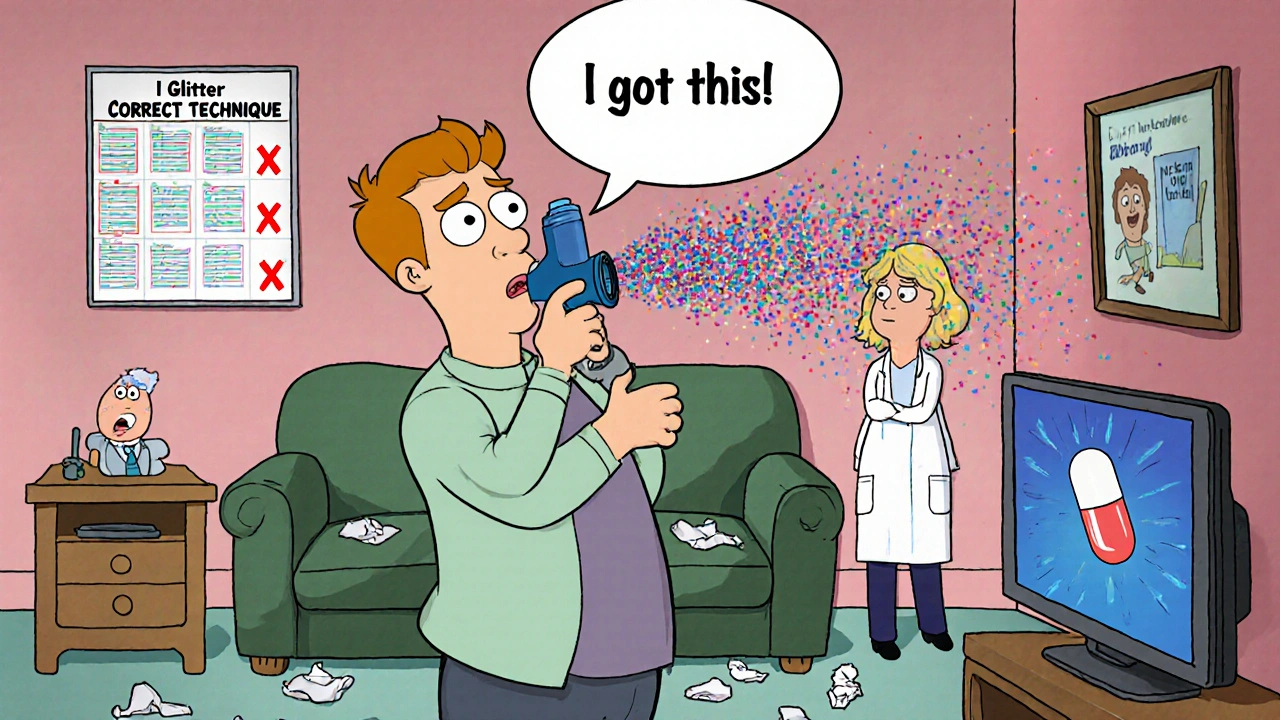 Un patient utilise mal son inhalateur en simulation, tandis qu’un médecin fait facepalm dans un décor cartoon absurde.