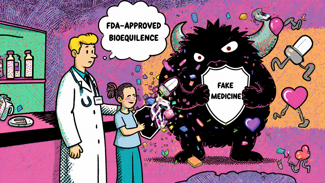 Un pharmacien défait une créature nommée &#039;Médecine Fausse&#039; avec un bouclier &#039;Équivalence bioéquivalente&#039;.