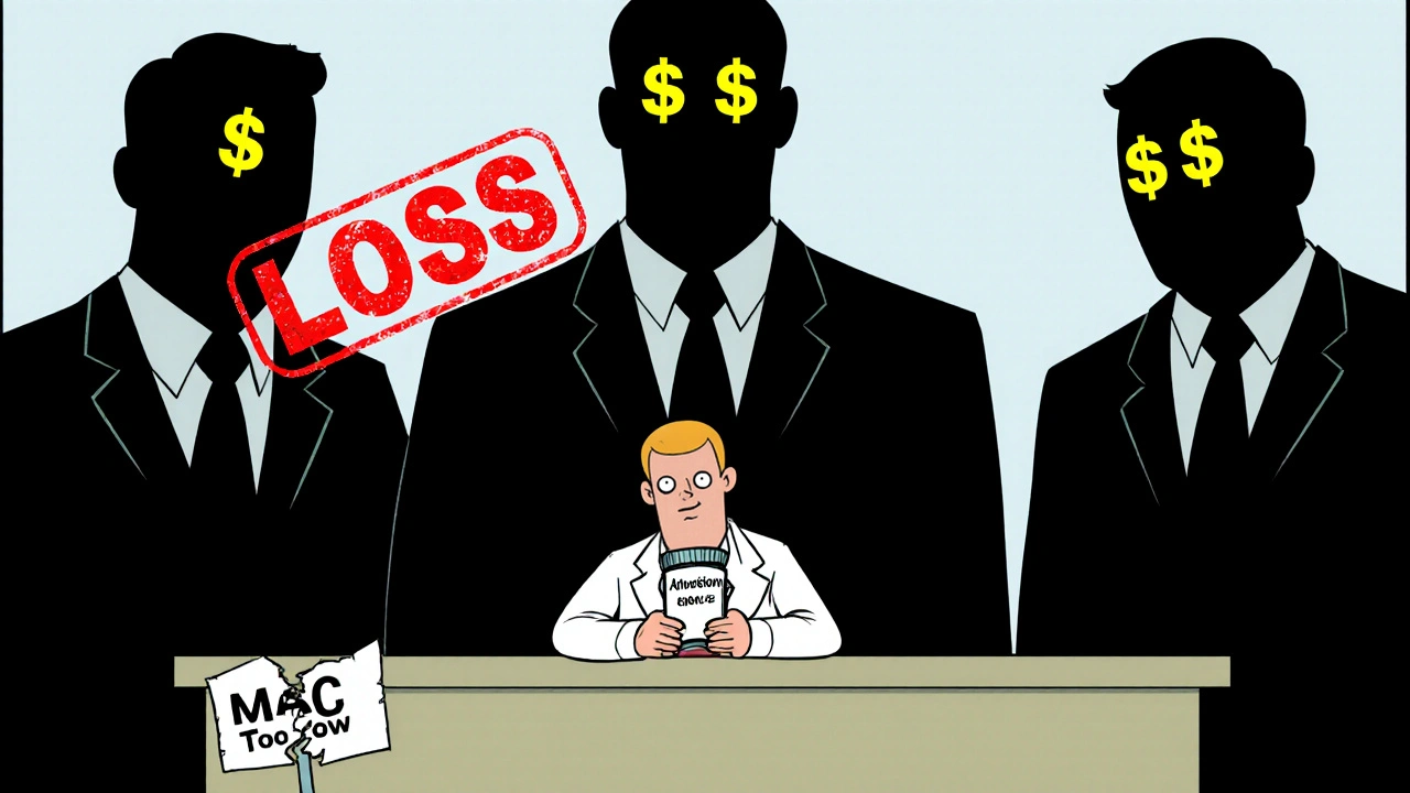 Un pharmacien stressé face à des figures géantes de PBMs qui dominent son comptoir de pharmacie.