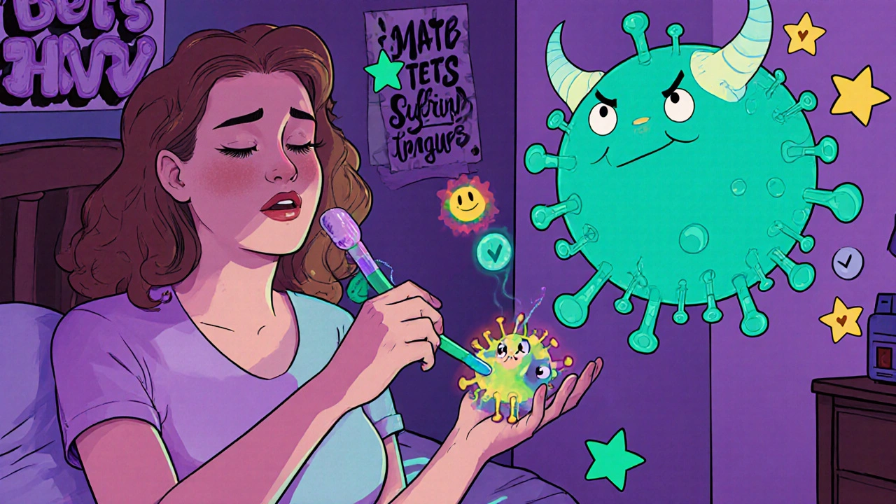 Une femme effectue un auto-prélèvement HPV à la maison, des résultats positifs flottent comme des étoiles.