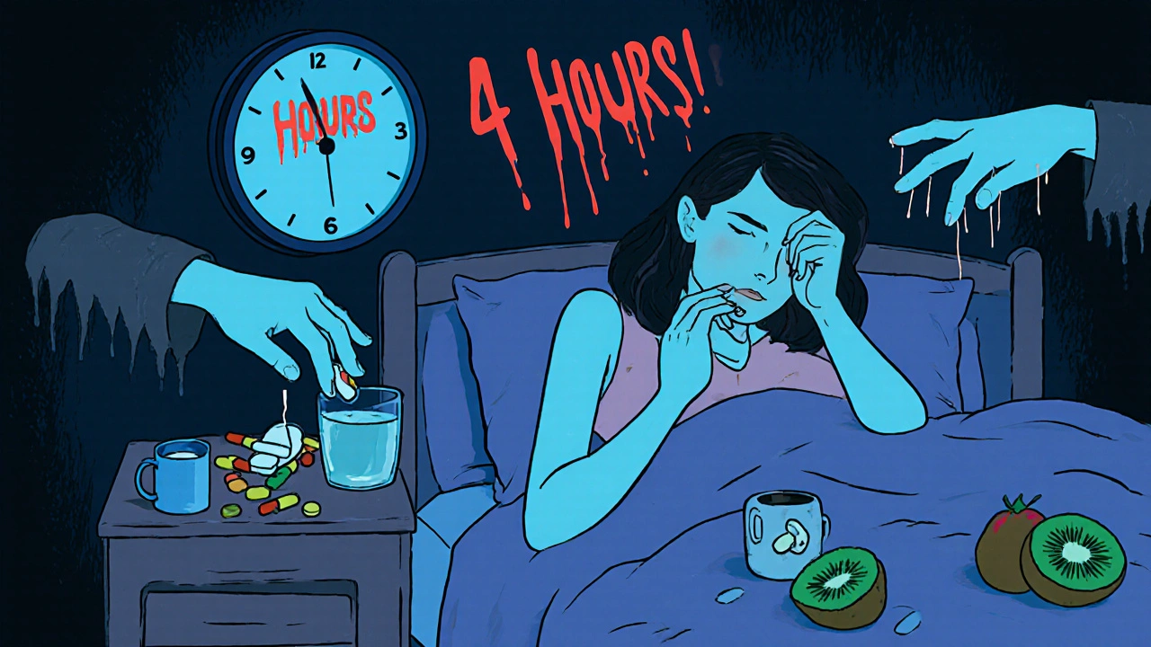 Une femme prend sa pilule thyroïdienne tandis que des mains fantômes de calcium et de fer tentent de la dérober.