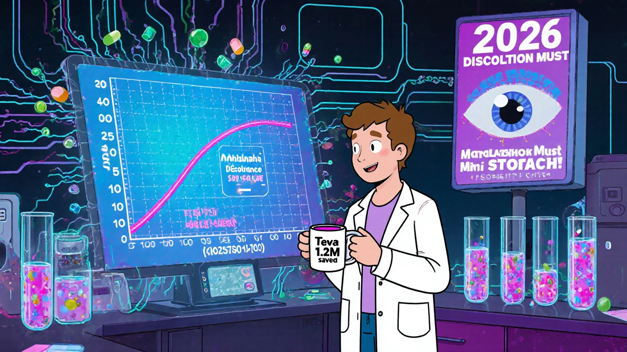 Une IA analyse des courbes de dissolution avec des fluides biorelevants et un écran affichant des économies de 1,2 million de dollars.