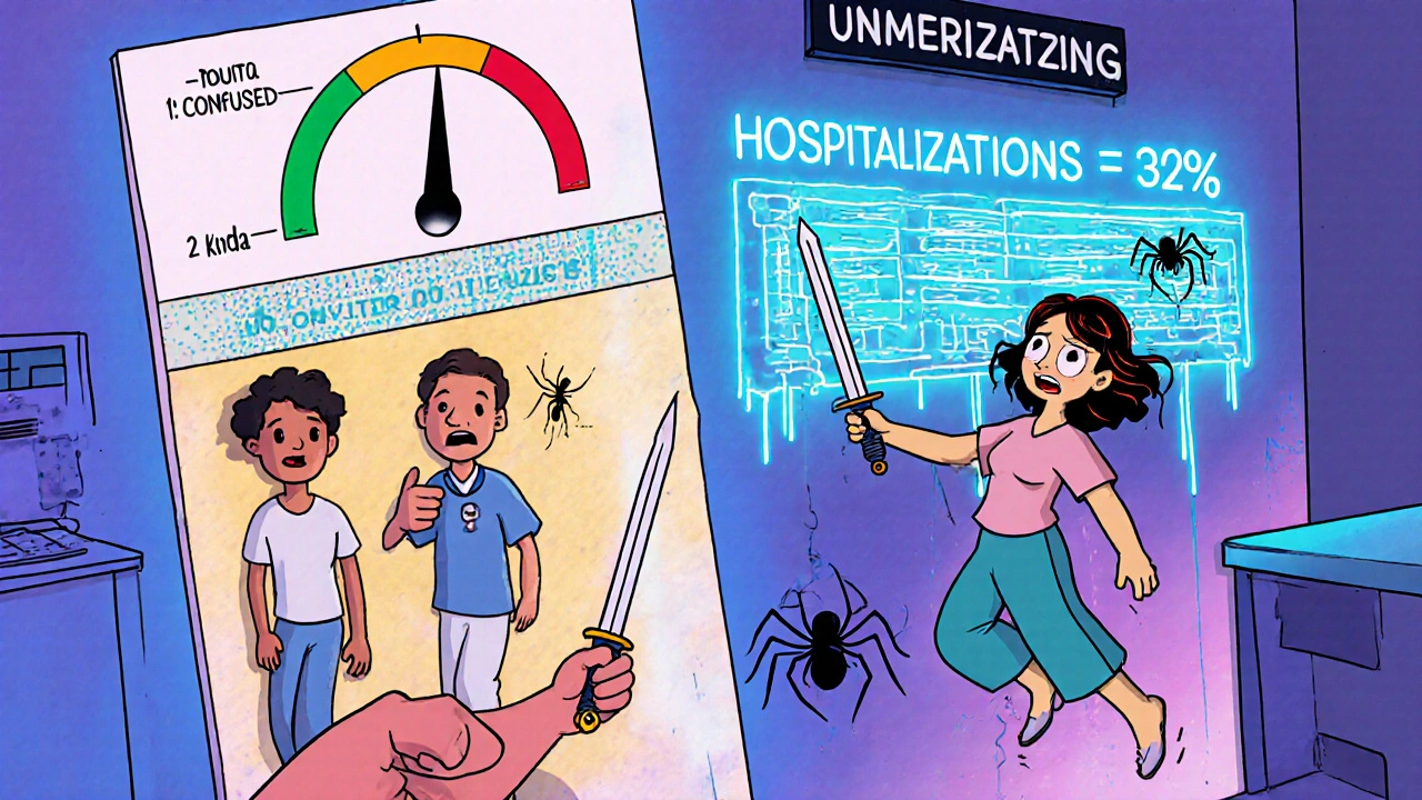 Une infirmière évalue des patients avec une échelle de 3 points, certains flottant d’anxiété, dans un style cartoon Adult Swim.