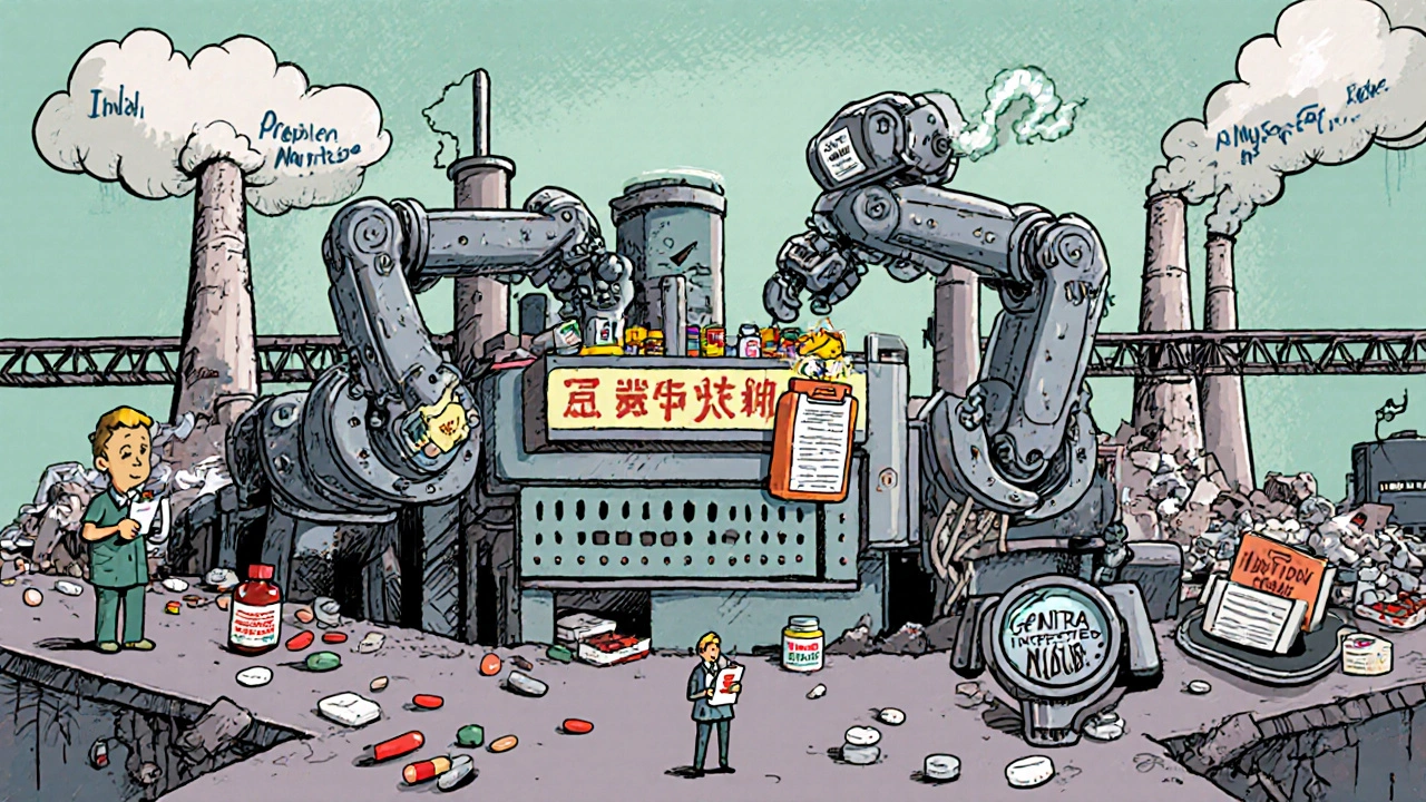 Une usine robotisée fabrique des génériques tandis qu&#039;un patient regarde impuissant des ponts s&#039;effondrer.