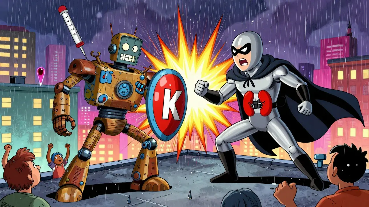 Affrontement entre Warfarin robot et Apixaban ninja sur un toit d'hôpital, style cartoon Adult Swim.