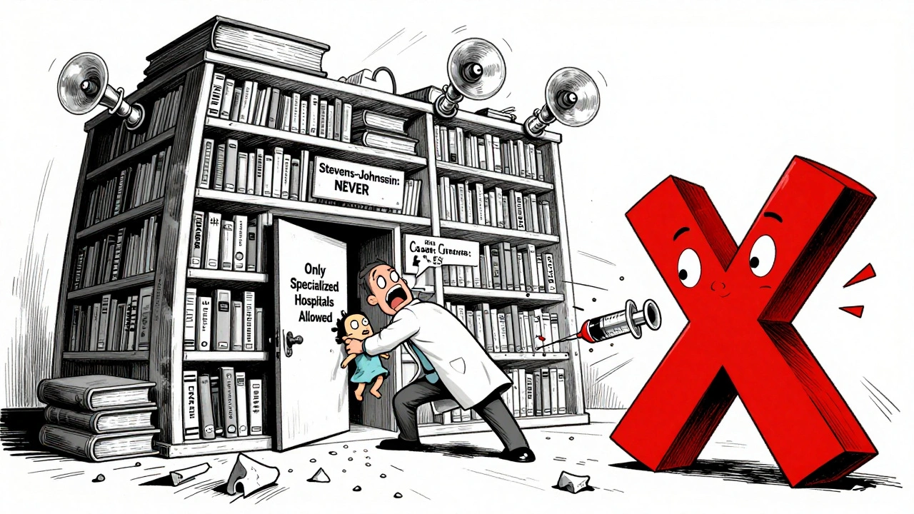 Bibliothèque géante des médicaments interdits ou autorisés, avec un médecin fuyant un avertissement monumental de désensibilisation interdite à domicile.