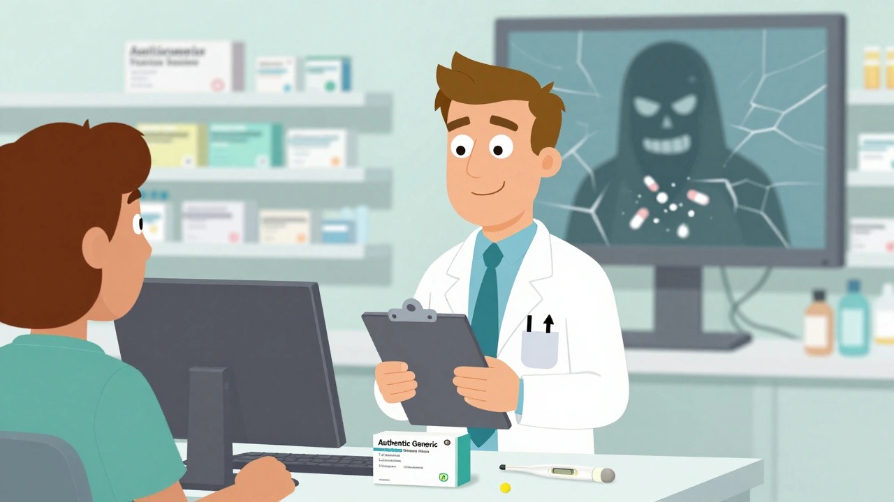 Cartoon d&#039;une pharmacie en ligne légale avec un pharmacien amical et un badge VIPPS brillant.