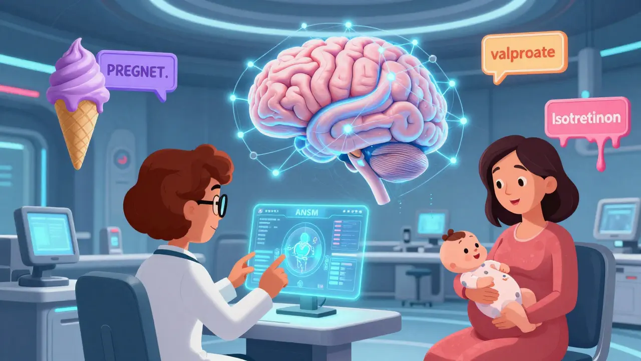 Centre médical futuriste avec une IA analysant des données de grossesse, médecin français consulte un tableau holographique, style cartoon Adult Swim.