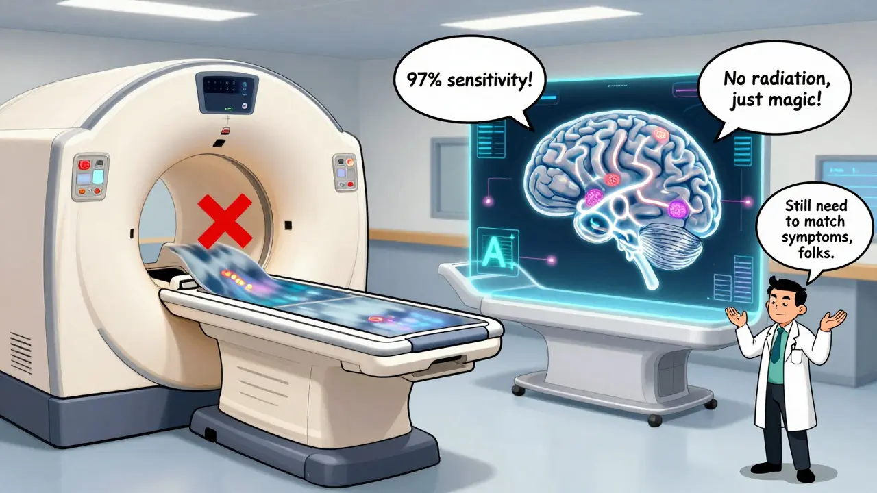 Comparaison entre scanner obsolète et IRM futuriste, avec algorithmes et lésions brillantes, style cartoon.