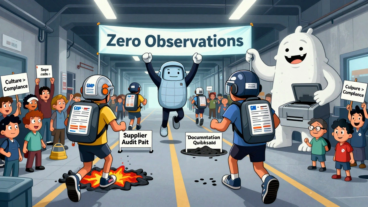 Course de marathon dans une usine avec des coureurs en équipement GMP, évitant des obstacles absurdes comme un monstre de papier.