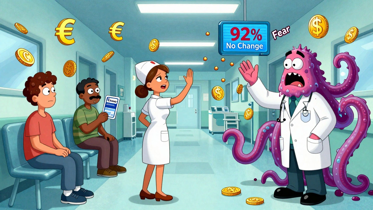 Des patients échangent leurs médicaments comme des cartes dans un couloir d&#039;hôpital animé en style cartoon.