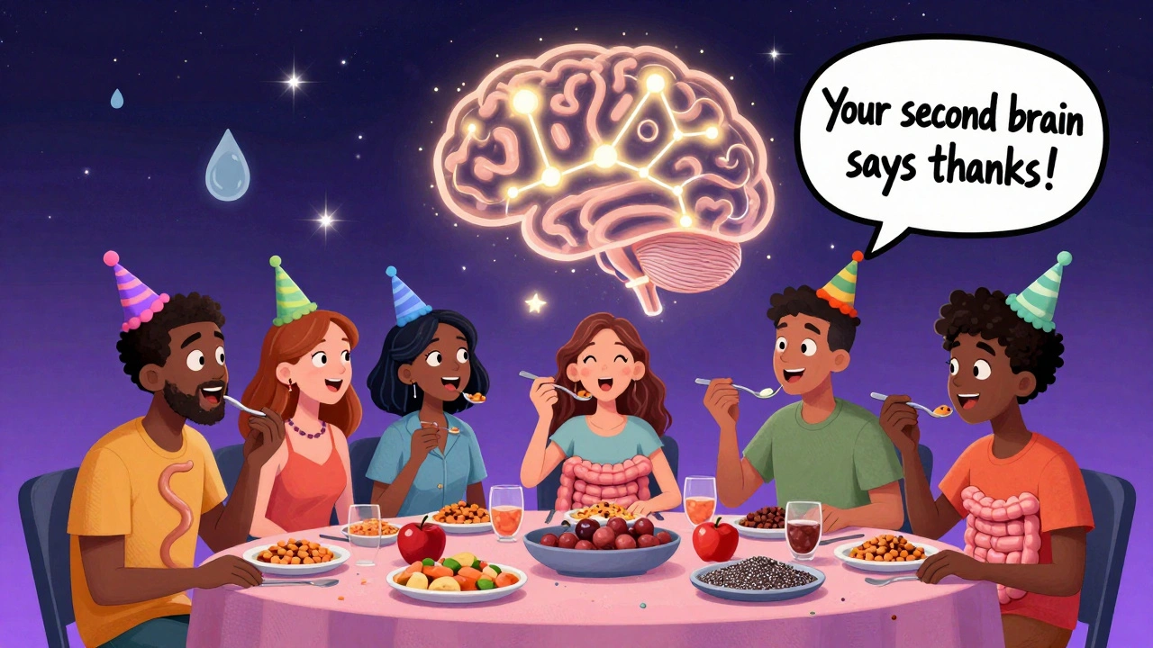 Des personnes mangent des aliments riches en fibres, tandis que leurs intestins sont des vers amicaux produisant des étincelles de bien-être.