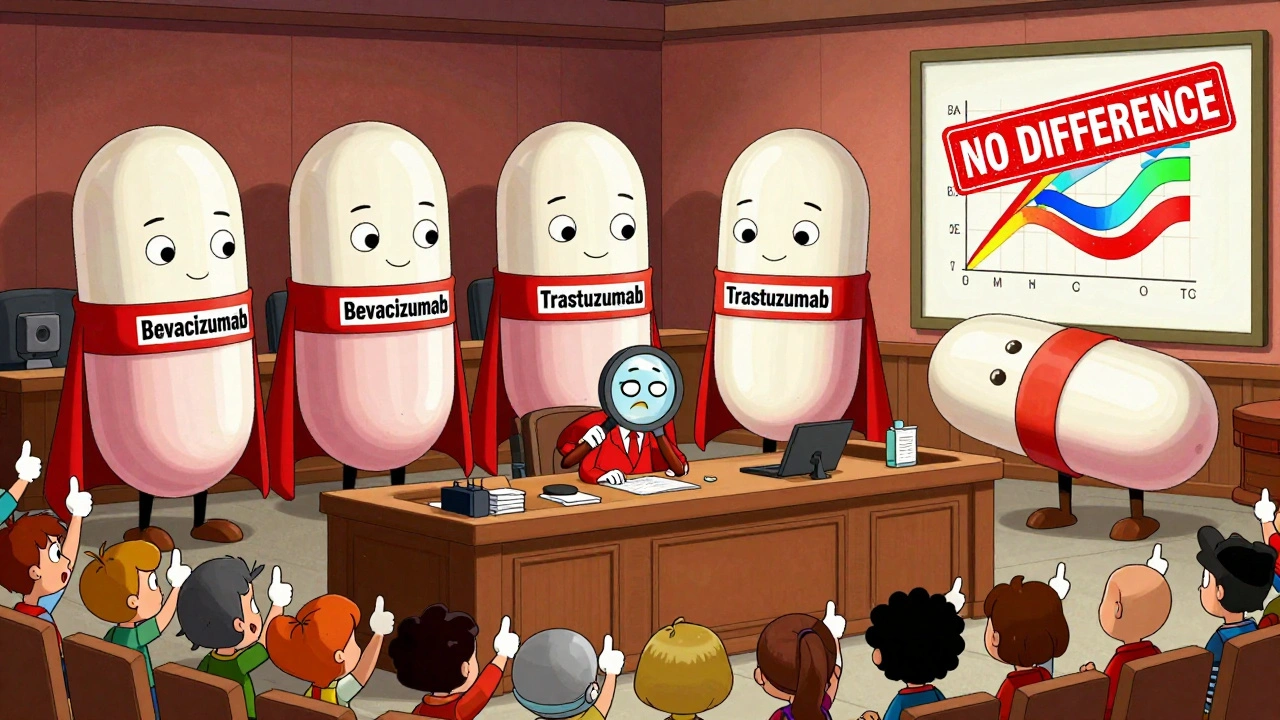 Des pilules géantes en forme de super-héros s&#039;affrontent dans un tribunal avec des patients comme jurés.