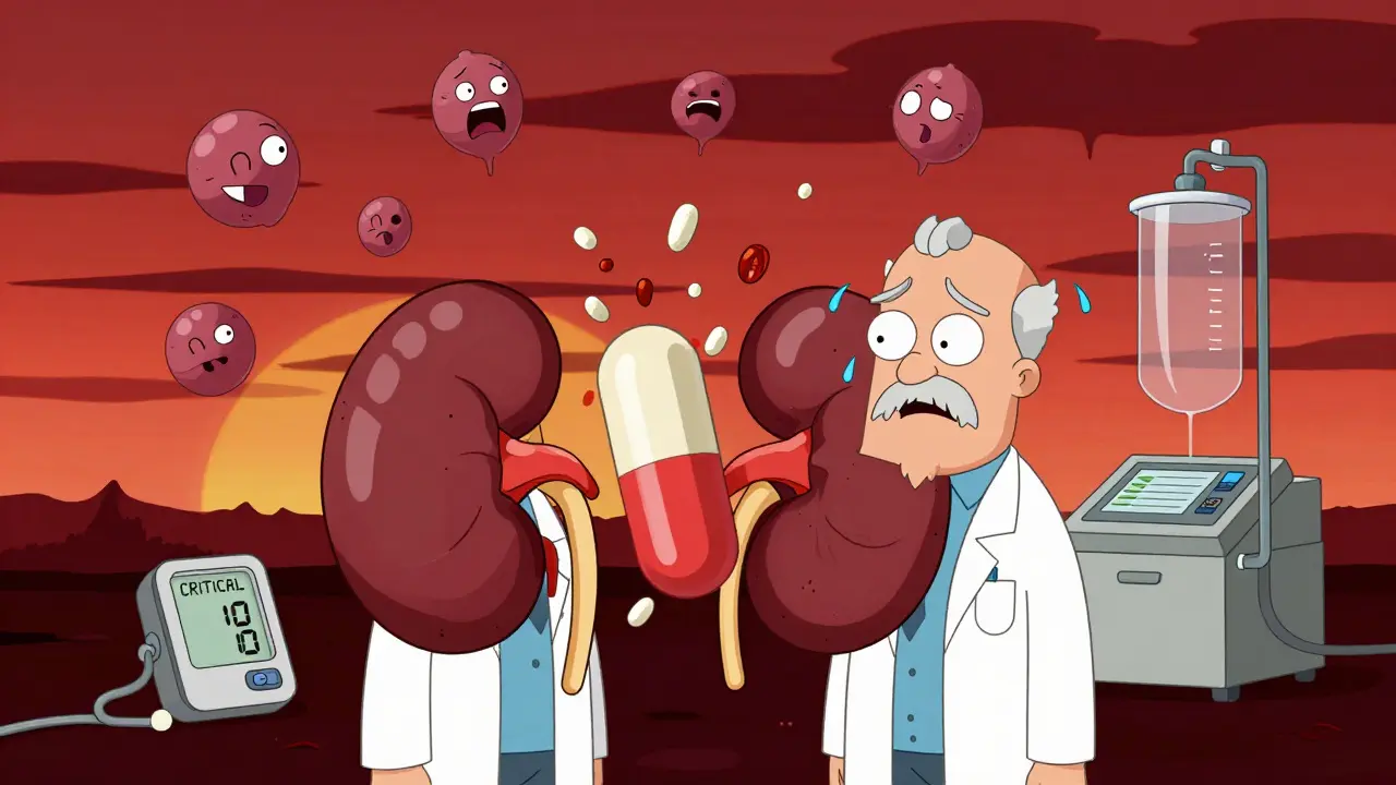 Deux reins effrayés écrasés par une pilule AINS, moniteur de pression en alerte.