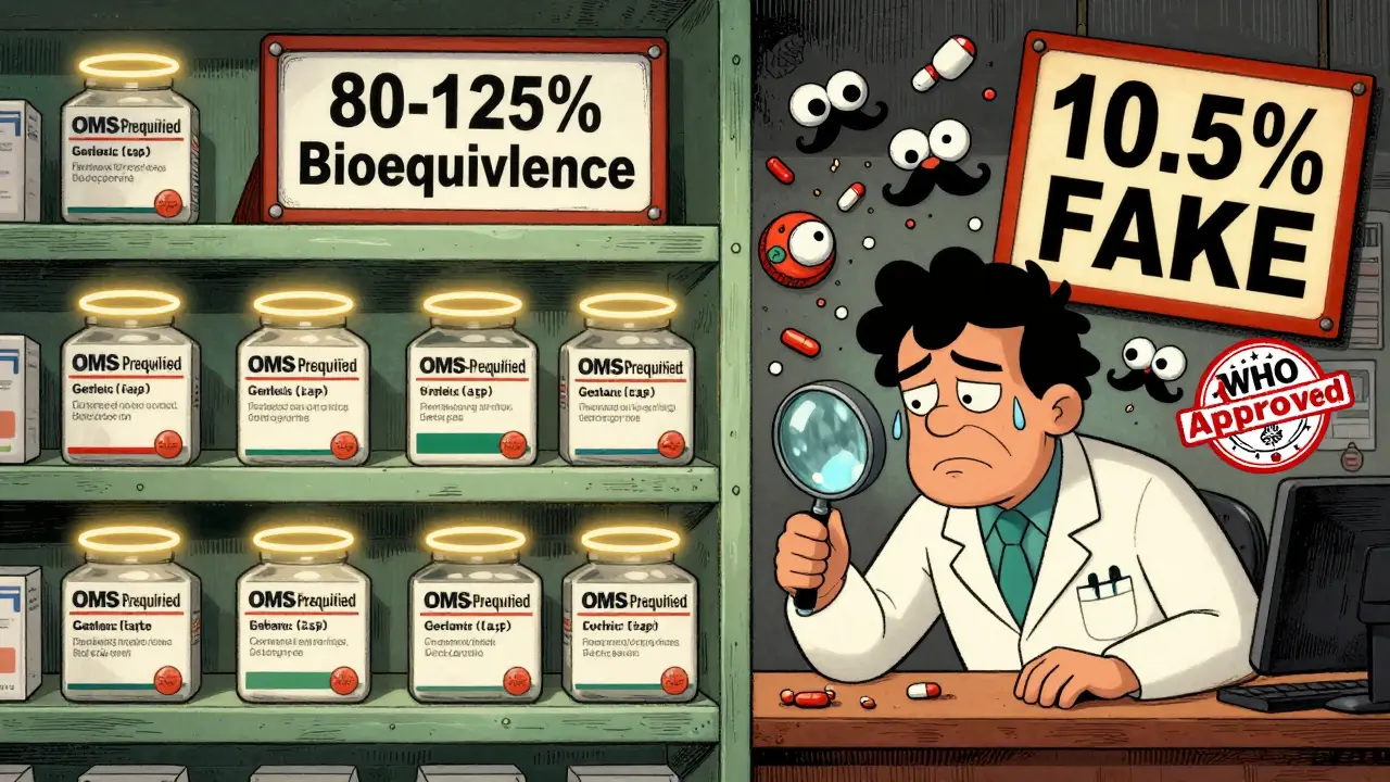 Étagère de pharmacie divisée entre des génériques de qualité certifiée et des faux médicaments grotesques.