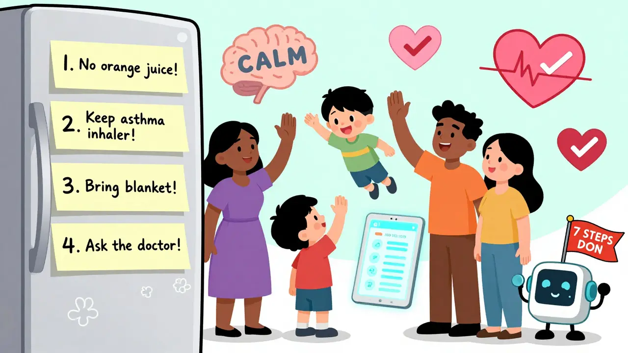 Famille félicitant son enfant devant une checklist murale colorée avec des icônes médicales et une tablette affichant un calculateur d'IA.