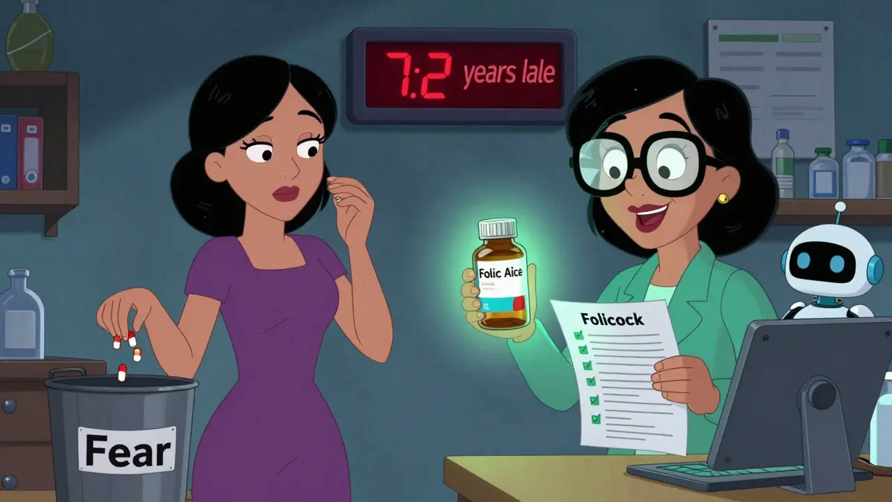 Femme arrêtant des médicaments par peur à gauche, recevant de l'acide folique et un guide sécurisé à droite, style cartoon Adult Swim.