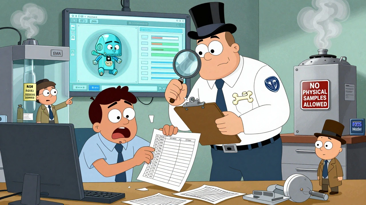 Inspecteur FDA face à un technicien paniqué qui tente de recoller des feuilles Excel, avec une IA grotesque qui analyse les données.