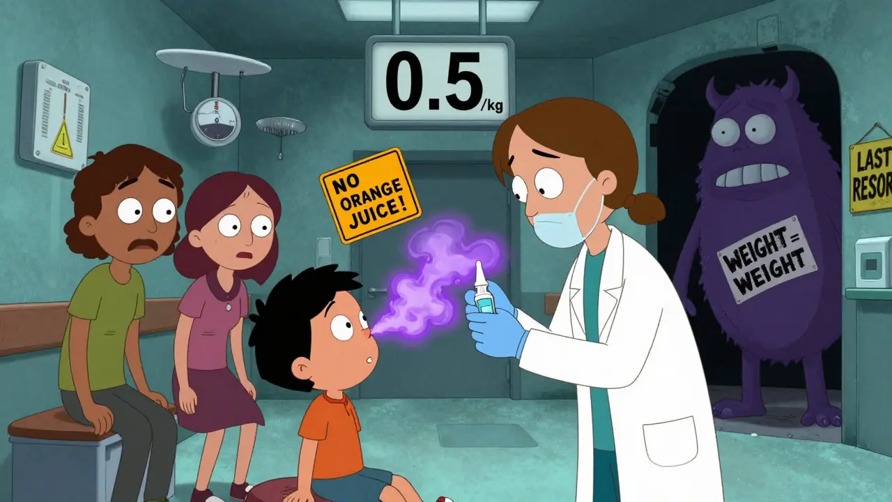 Médecin administre un spray nasal à un enfant anxieux, des symboles médicaux flottants et des avertissements en texte caricatural.