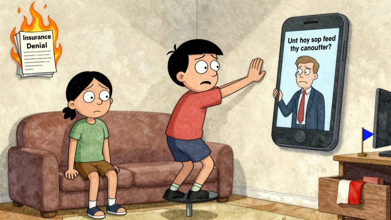 Patient à la maison qui s&#039;appuie sur un mur pour marcher, un écran de téléphone affiche un coach IA.