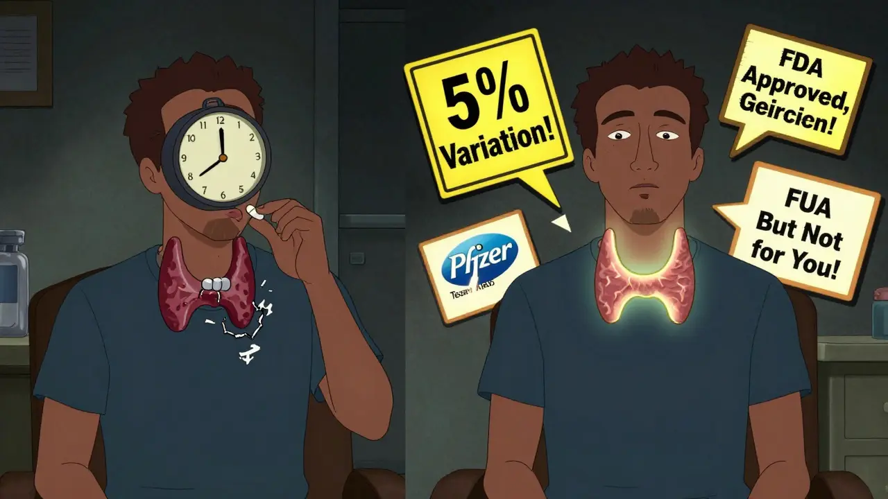 Patient avec une glande thyroïde qui se dégrade en absorbant un générique traditionnel, comparé à une glande stable avec le générique autorisé.