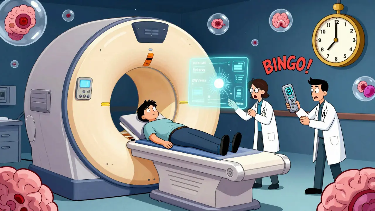 Patient dans un tube IRM géant avec des radiologues contrôlant des filtres de cerveau, style cartoon.