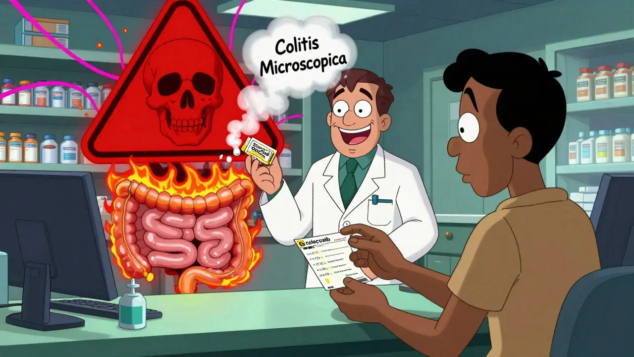 Pharmacie avec patient et pilules, intestins en feu invisibles, signal d'alerte crâne.