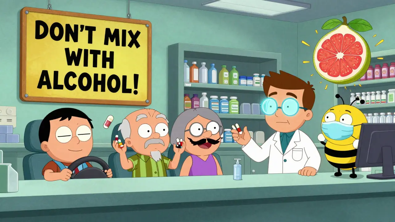 Pharmacien distribuant des comprimés à des personnages bizarres sous un avertissement lumineux, style cartoon Adult Swim.
