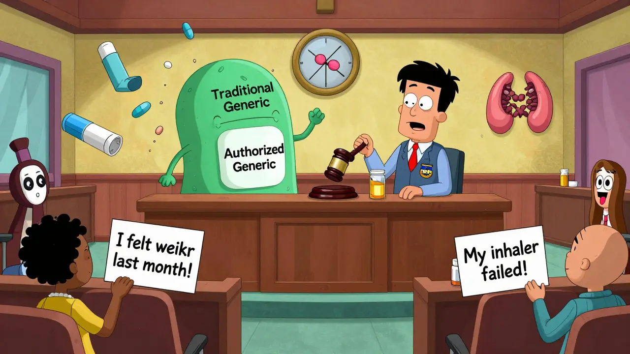 Procès humoristique d'un générique autorisé contre un générique traditionnel en forme de blob, devant un jury de patients inquiets.