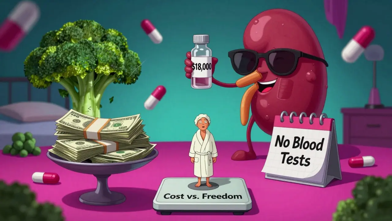 Rêve d'un patient sur une balance coût vs liberté, avec un rein souriant et des pilules flottantes, style cartoon Adult Swim.