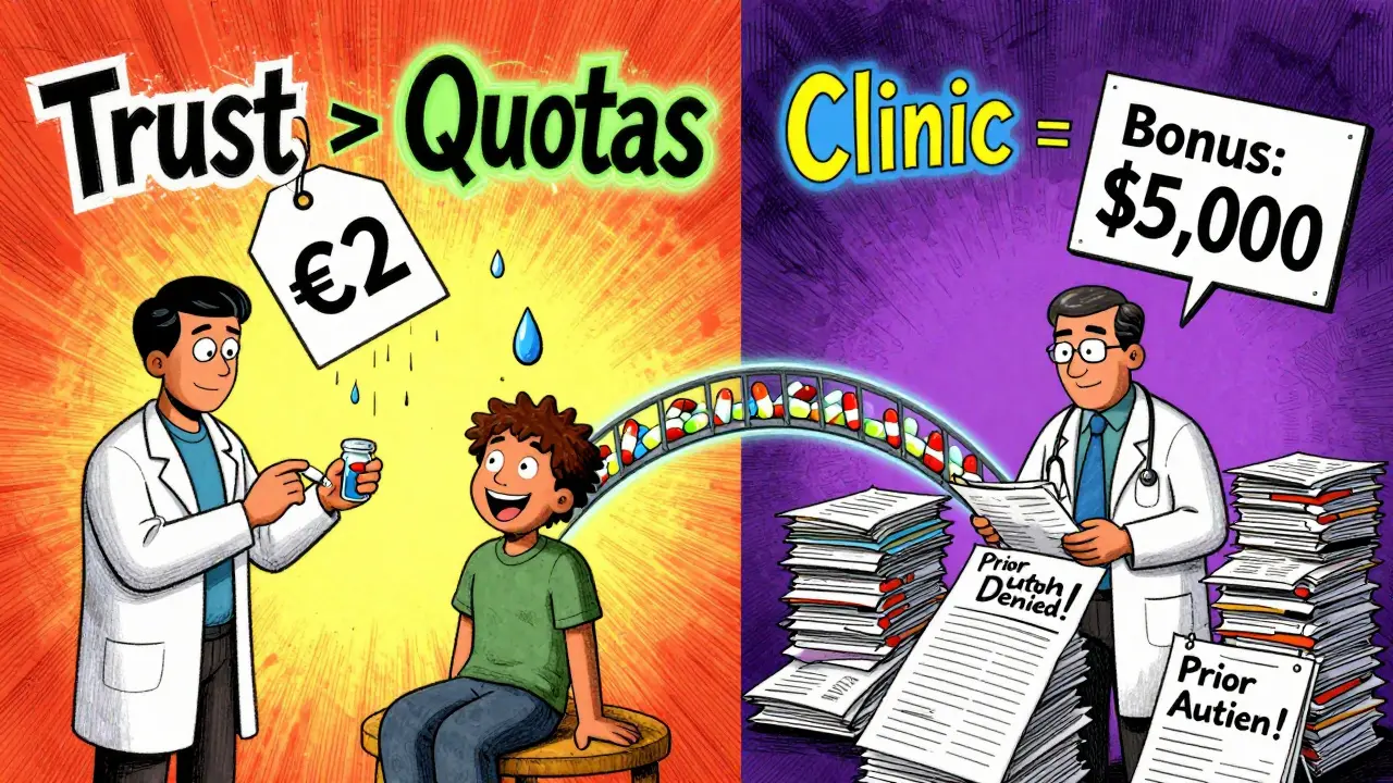 Scène divisée : Allemagne (prix fixe) vs États-Unis (paperasse) avec un pont de comprimés reliant les deux mondes.