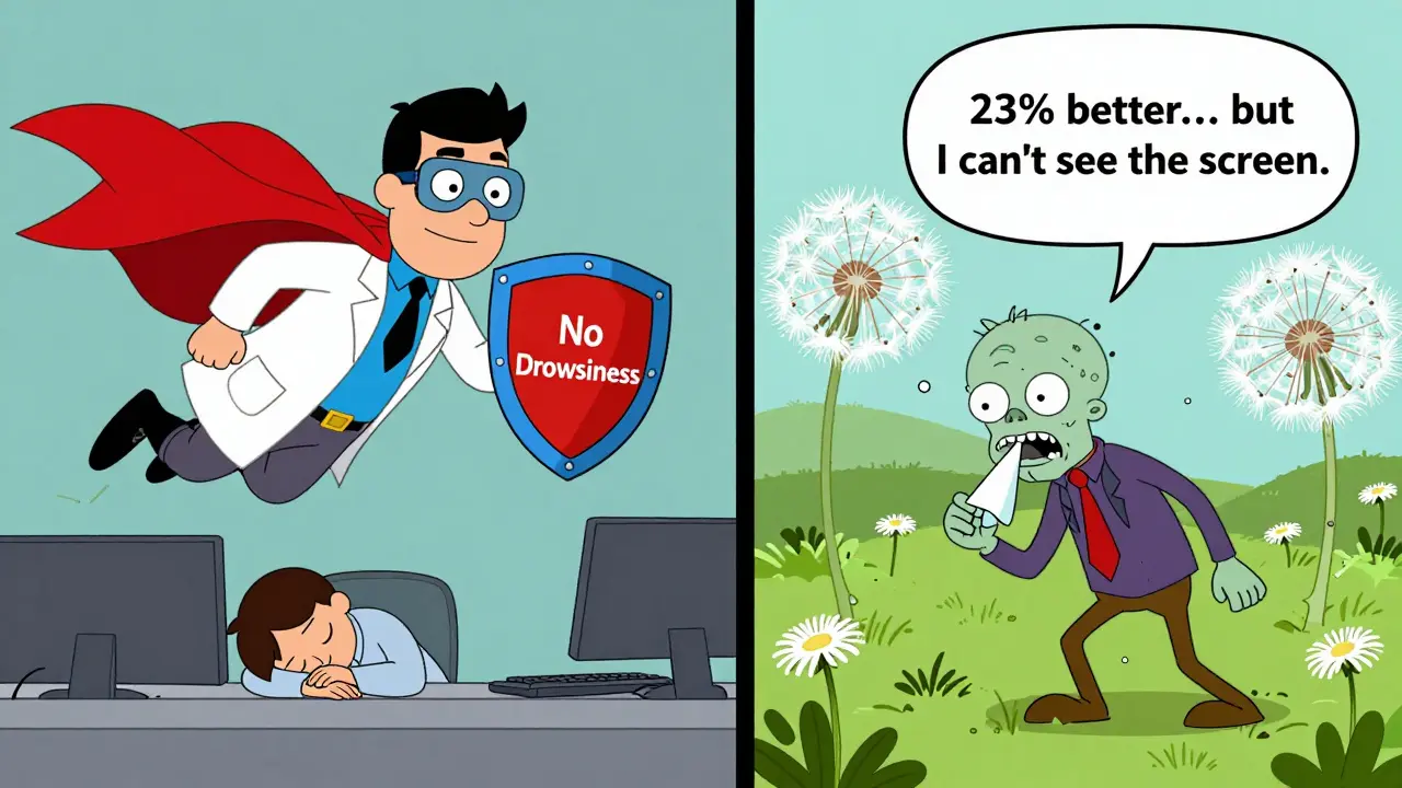 Scène divisée : héros sans somnolence contre personne endormie dans un champ de fleurs qui éternuent, style cartoon Adult Swim.