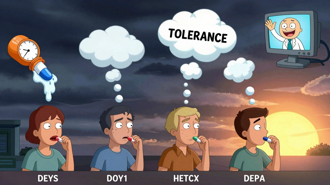 Séquence illustrée de la prise croissante d'aspirine sur plusieurs jours, avec des symptômes transformés en nuages absorbés par une tolérance croissante.