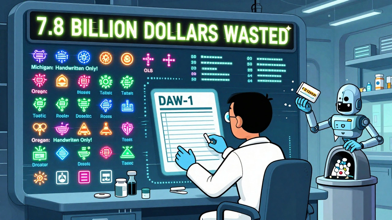 Tableau de bord futuriste affichant les règles de substitution des États américains avec un compteur de coûts en hausse.