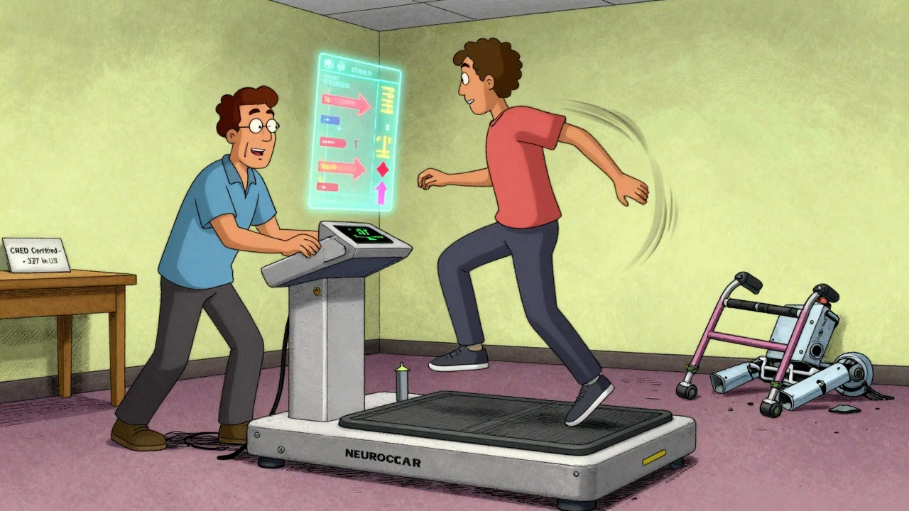 Thérapeute aidant un patient à s&#039;équilibrer sur une plateforme high-tech avec des indicateurs numériques flottants.