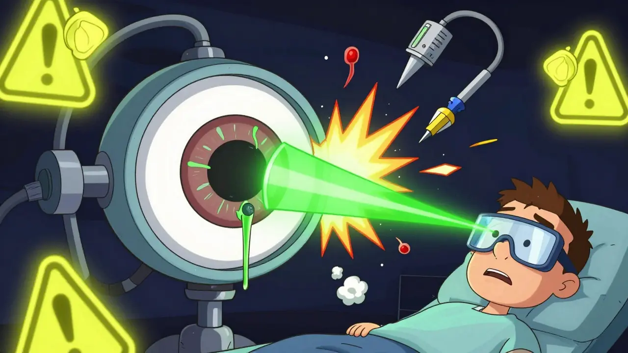 Traitement au laser sur une rétine géante, avec des vaisseaux qui explosent en étincelles et un patient aux lunettes surdimensionnées.