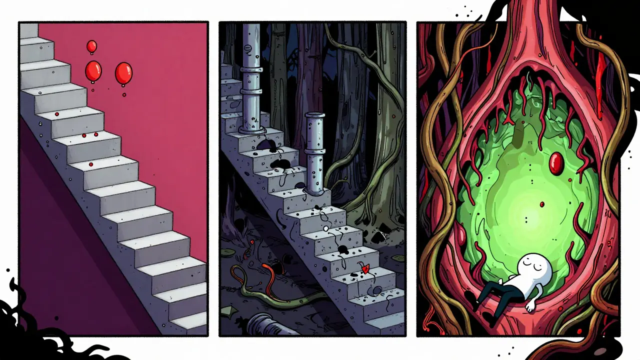 Trois étapes de la rétinopathie représentées comme un escalier en ruine, avec des racines sanguines folles à la dernière marche.